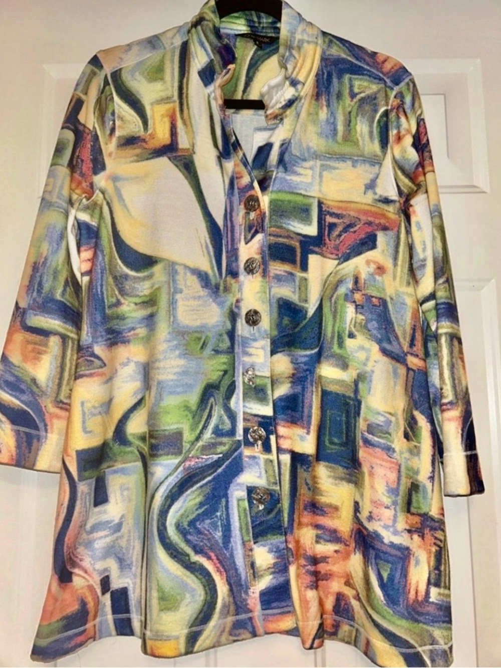 John Mark Abstract Colorful LS Tunic Top S Artsy Pockets Soft Cozy